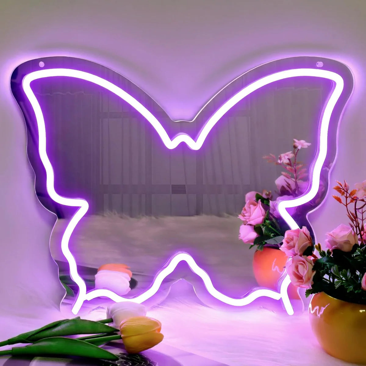 Butterfly Mirror Vanity Sign – Blue/Ice Blue/Pink/Purple/Warm White Neon Outline | 15.7×12 inch | USB Powered | Perfect for Vanity Decor