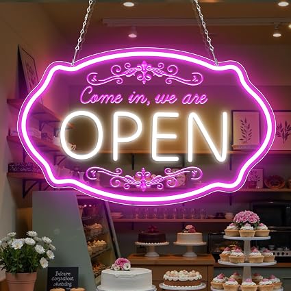 Come Were Open Silicone LED shop signs – Pink + Glow 16.5 × 10 inch Window Hanging Business Sign Plug & Play Store Entrances Retail Shops & Business Locations