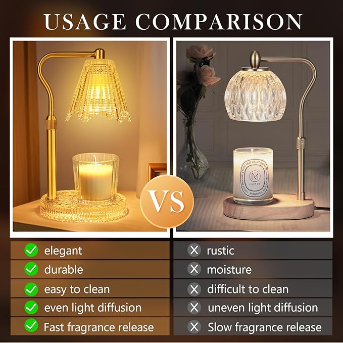 Crystal Candle Warmer Lamp with Timer, Adjustable Height Glass Candle Light, Vintage Electric Wax Melt Warmer with Dimmer, Home Fragrance Décor and House Warming Birthday Gifts for Women Mom