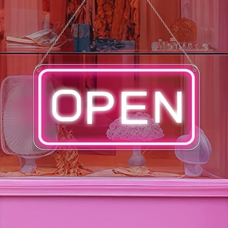 OPEN COB LED shop signs - Pink + Glow 22.8 × 11.8 inch Horizontal Vertical Style 12V Powered Dimmable Window