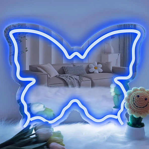 Butterfly Makeup Mirror Signs – 15.7×12 inch | Blue/Ice Blue/Pink/Purple/Warm White Neon Outline | USB Powered | Perfect for Vanity Decor
