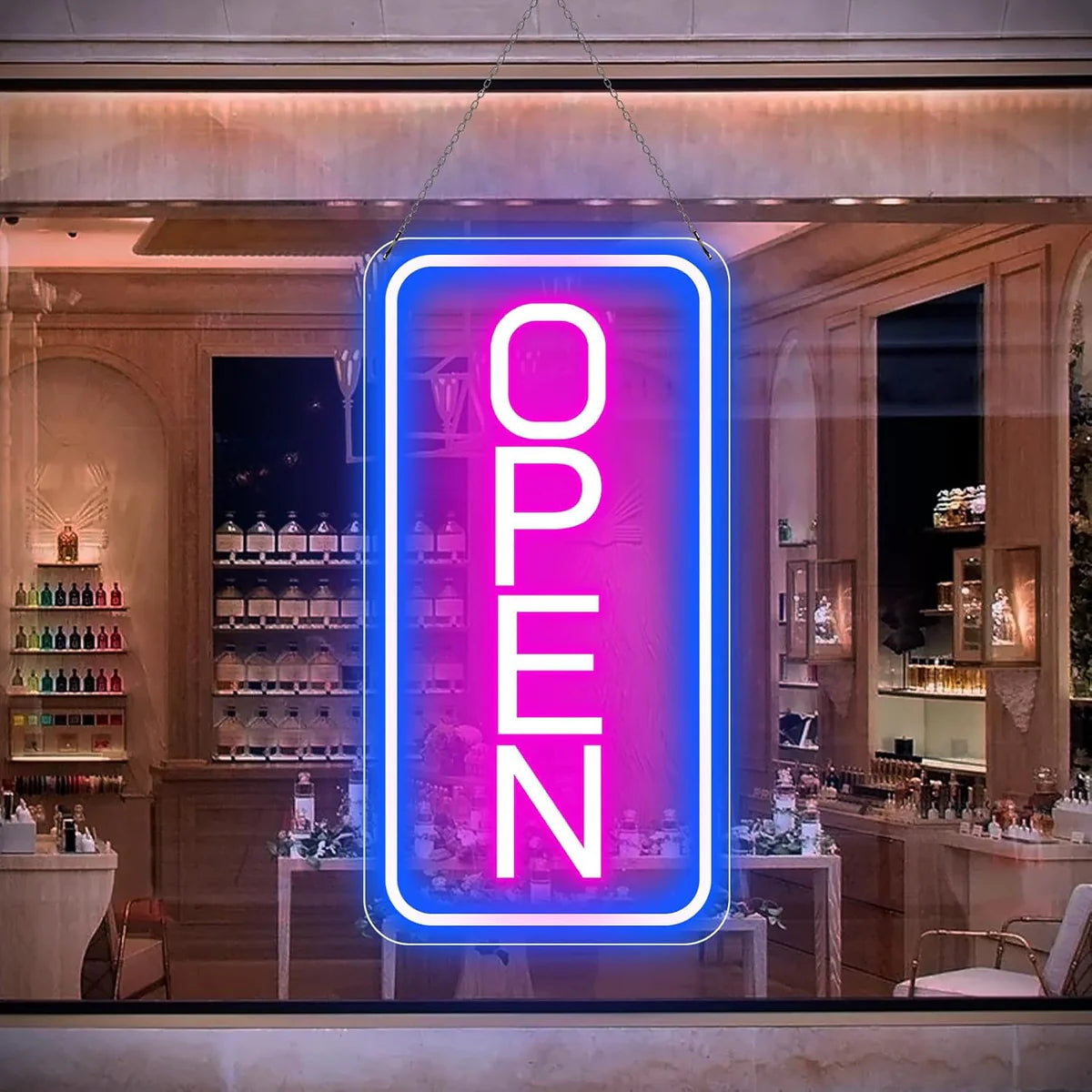 Vertical OPEN Neon Sign – 6 Color Options | USB Powered | 17×9 inch (44×24 cm) | LED Window Hanging Light for Storefronts