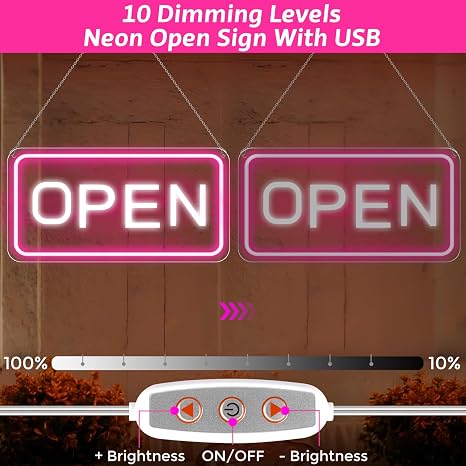 OPEN COB LED shop signs – Pink + White Glow | 22.8 × 11.8 inch (58 × 30 cm) | Horizontal / Vertical Style | 12V Powered Dimmable Window Hanging Light with US Plug for Cafes, Restaurants &amp; Retail Shops