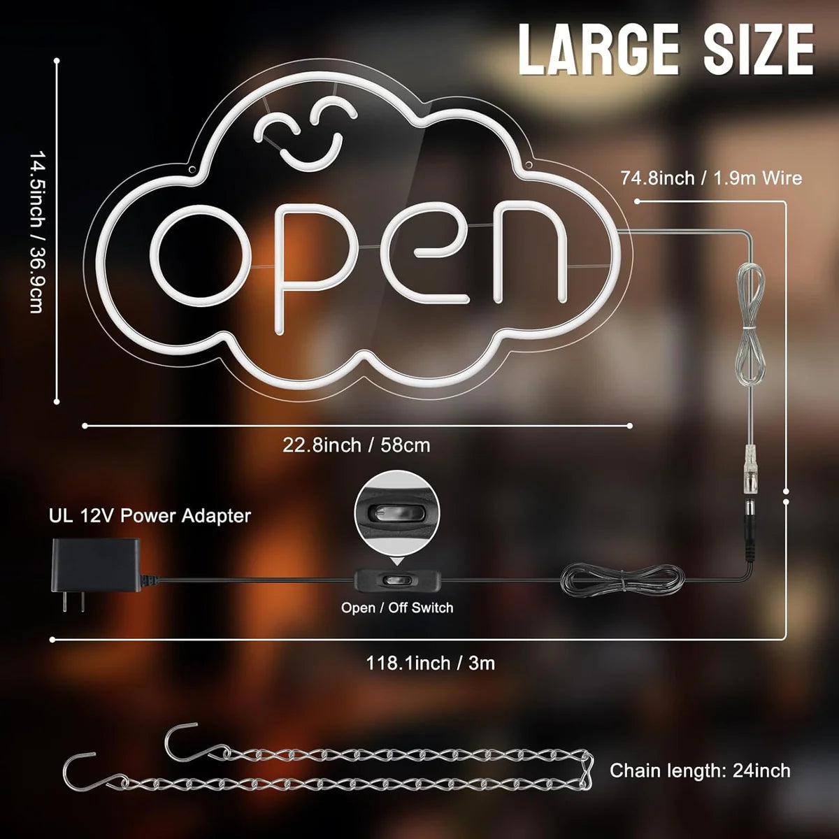 OPEN LED Sign – Fixed Rainbow Glow Neon Sign | Cloud Shape | 2 Sizes | Window Hanging | Plug & Play for Storefronts