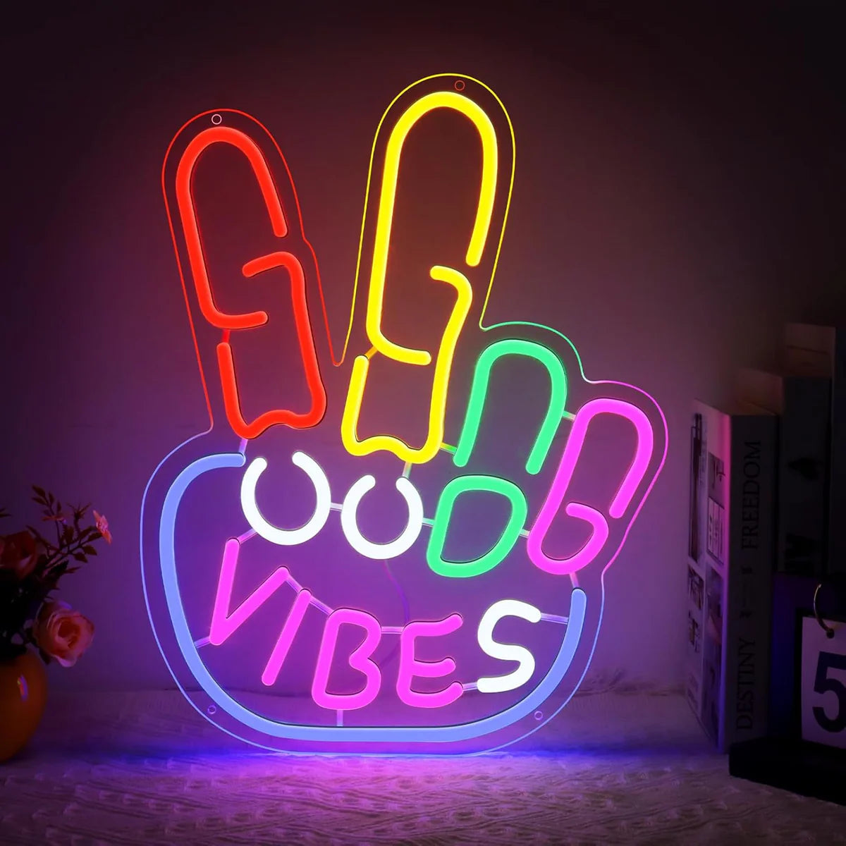 Good Vibes LED Sign – Peace Hand Sign | USB Neon Light for Wall Decor | 17×13 inch | Hanging | Ideal for Bedroom, Dorm, Lounge, Party Mood Lighting