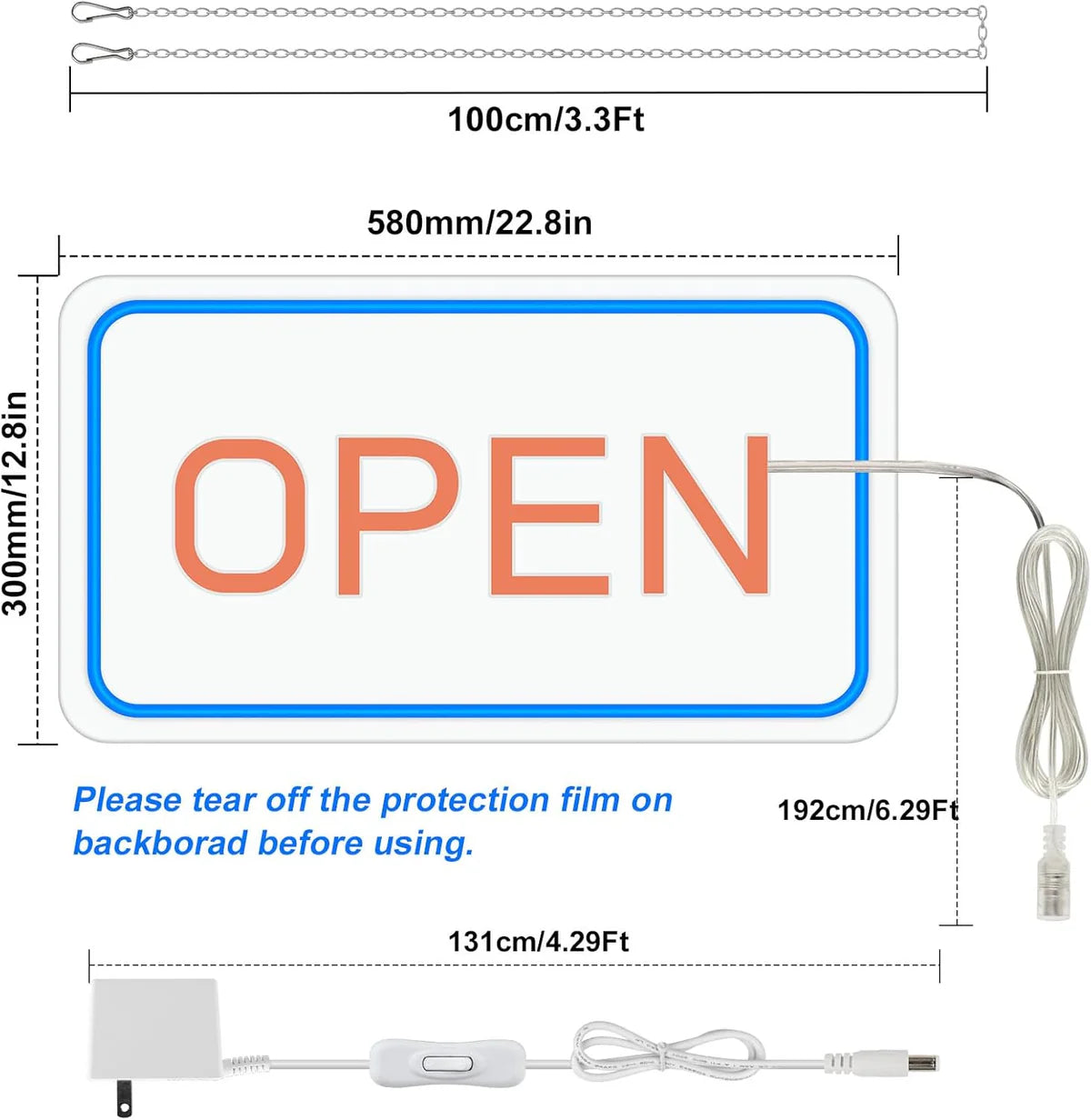 OPEN LED Neon Sign – 4 Glow Color Options | Rectangular | 16×9 / 23×12 inch | Window Hanging | Plug & Play for Storefronts