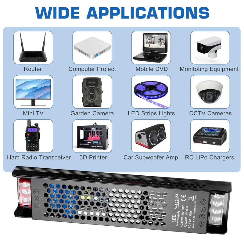 Slim Black DC 12V/24V 300W–400W Switching Power Supply, AC 110–130V/175–250V Input, LED Driver Transformer with Built-in Cooling Fan, CE/FCC/RoHS Certified