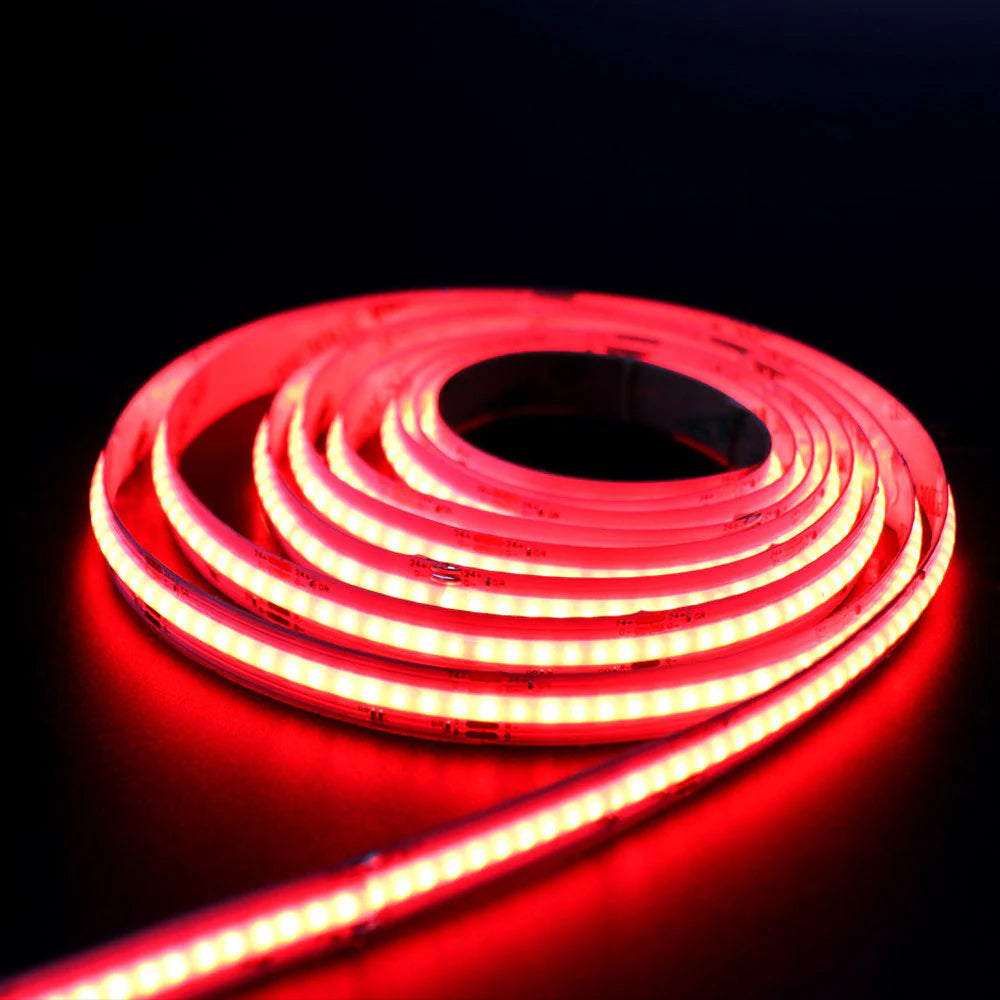 RGB COB LED Strip Light 12V/24V 576/840LEDs/M, 10mm Flexible Dot-Free LED Tape, Non-Waterproof, RGB Color Changing for Cabinet Kitchen & Office Lighting, 5M/10M Pack / Complete Kit