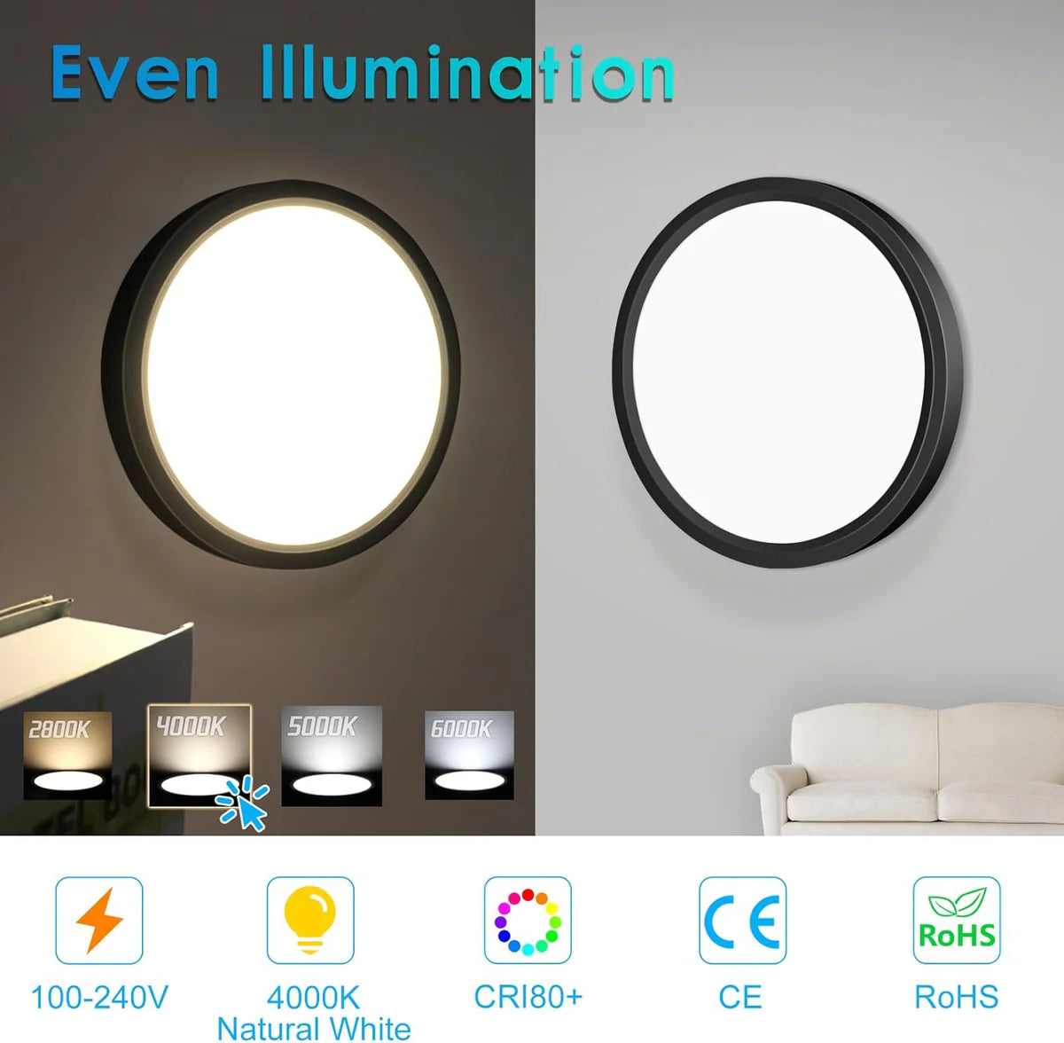 AC 220–240V Round Black LED Ceiling Light, 12W / 18W / 24W / 32W Options 3000K / 4500K / 5000K / 6500K Flush Mount Ceiling Light Local Stock (UK/DE)
