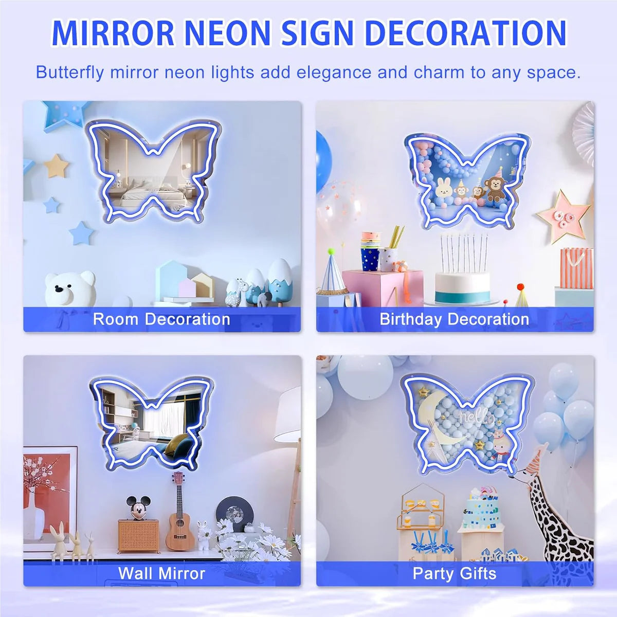 Butterfly Mirror Vanity Sign – Blue/Ice Blue/Pink/Purple/Warm White Neon Outline | 15.7×12 inch | USB Powered | Perfect for Vanity Decor