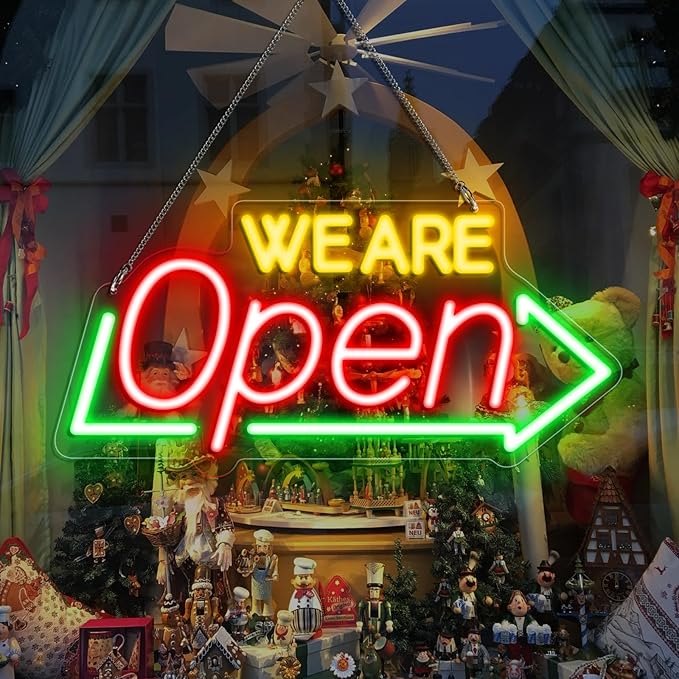 Bright Open Signs for Business, 16.1"X 7.8" Dimmable Open Sign Powered by USB, Red&Green&Yellow Christmas Neon LED Sign, We Are Open Sign for Door Windows