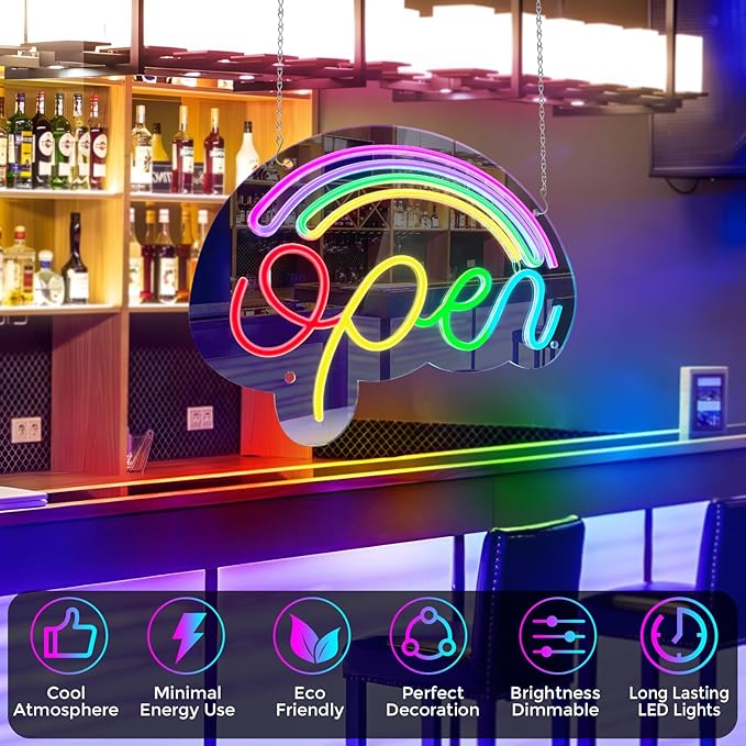 LightingWill LED Open Neon Sign, Dimmable Open Signs for Business with ON/OFF Switch, 17"x12", 5V USB Powered Rainbow LED Neon Light Sign for Wall Decor, Shop, Bar, Home