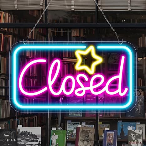 Closed Silicone LED shop signs – Ice & Pink Glow + Yellow Star 16.5 × 9 inch Window Hanging Plug & Play Store Entrances Retail Shops & Business Locations