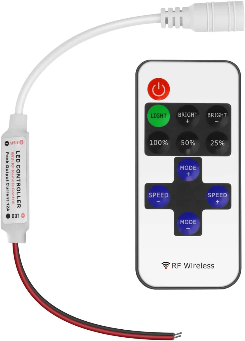 LightingWill LED Strip Controller DC5V-24V RF Remote Dimmer White Wireless LED Controller for Single Color 5050 3528 LED Strips