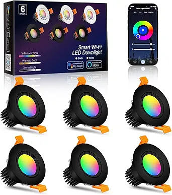 Smart RGB Downlight – COB WiFi Recessed Lighting, 2 Inch 5W, Dimmable RGB + CCT 2700–6500K, Works with Alexa & Google, 100–240V, Black Housing, 4 / 6 / 10 / 12 Pack Options