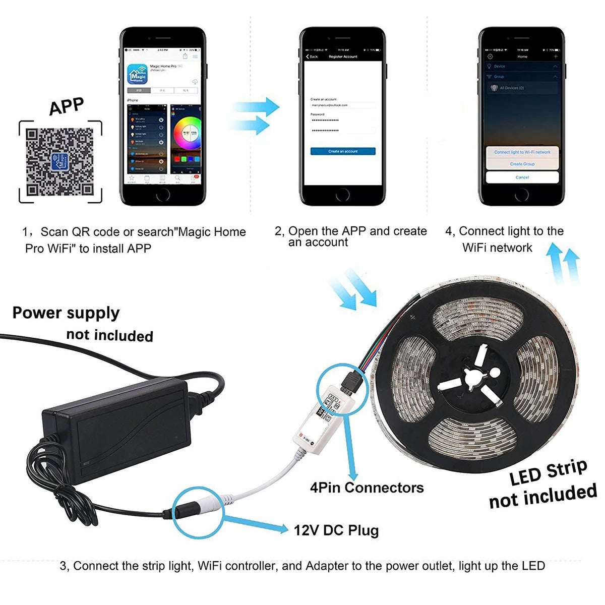 LightingWill Smart WIFI SMD5050 300LEDs RGB LED Strip Light Kit - DC12V | 60 LEDs/M | 10mm PCB | IP00 / IP65 | 5M | RGB Color Changing LED Strip Lights with Alexa, Google Assistant | App Control & 24 Keys Controller + Power Supply | 5M