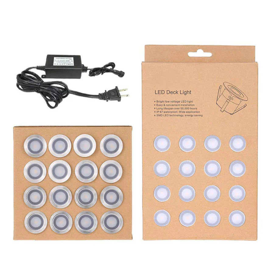 16-Pack Recessed LED Deck Lights – 0.6W Each | Warm White / Natural White  | AC100–265V Input with Power Adapter | US / EU / UK / AU Plug Options | IP67 Waterproof Inground Step Lights Kit for Deck, Garden, Yard, Stairs & Pathway Lighting