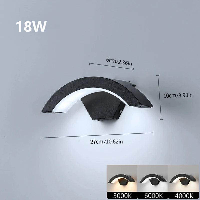 LightingWill LED Wall Light 18W Outdoor Waterproof Wall Sconce 3000K 4000K 6000K Black Arc Wave Up Down Wall Light IP65 Aluminum Porch Garden Balcony Indoor 2 Pack