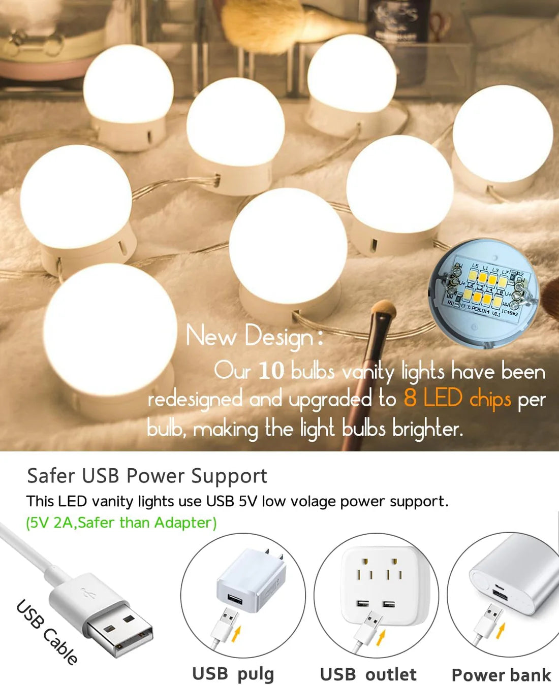 Hollywood Style LED Vanity Mirror Lights Kit with 10 1.77'' Light Bulbs, 3 Colors Adjustable, Ideal for Makeup Vanity Table in Dressing Room