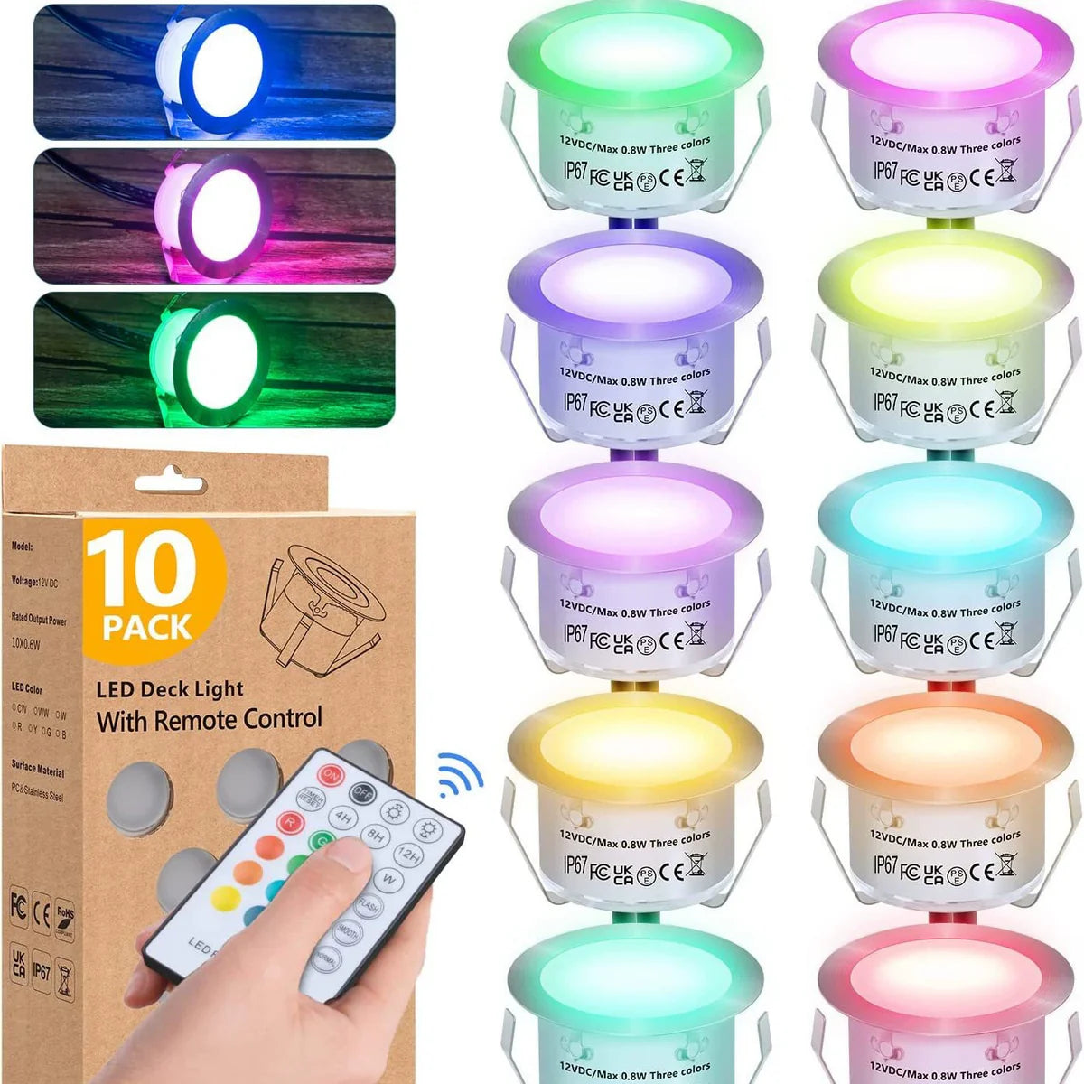 10 Pack RGB Recessed LED Deck Lights – AC100–265V Input Power Adapter Remote Control US EU UK AU Plug Options IP67 Waterproof Inground Step Lights Kit Deck Garden Yard Stairs & Pathway Lighting