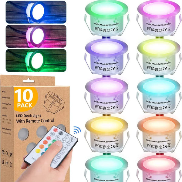10-Pack RGB Recessed LED Deck Lights – AC100–265V Input with Power Adapter | Remote Control | US / EU / UK / AU Plug Options | IP67 Waterproof Inground Step Lights Kit for Deck, Garden, Yard, Stairs & Pathway Lighting