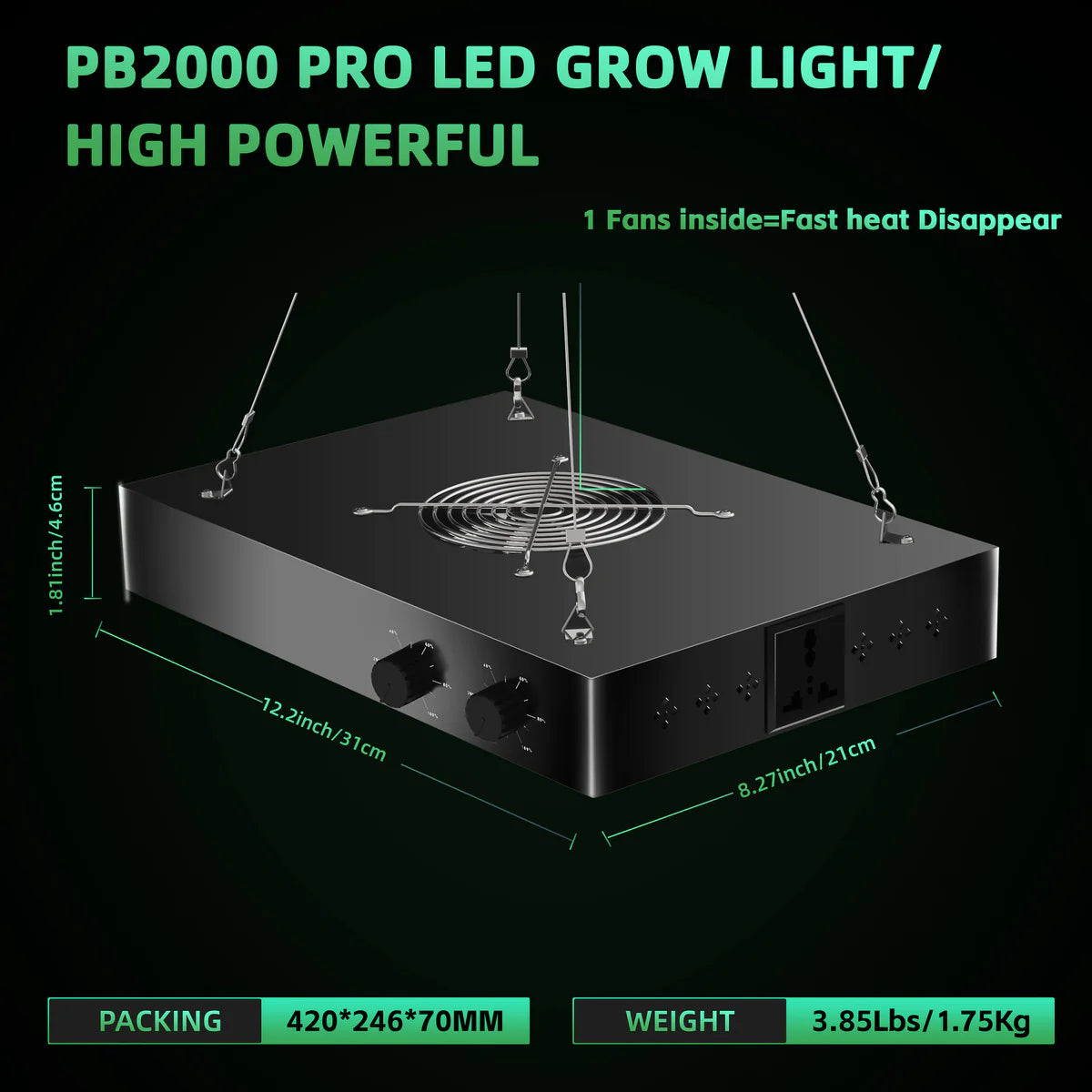 GP-PRO Series Professional Full Spectrum LED Grow Light - AC110 – 220V | 100W / 150W / 200W | 3.5×3FT – 6×5FT Coverage | VEG & BLOOM Dual Control | 0 – 10V Dimming | for Daisy Chain | Silent Fan | Hanging Rope | US / EU / UK / AU Plug