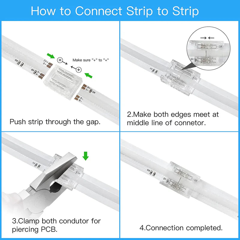 LightingWill LED Strip Connector 10mm 4Pin Transparent Solderless Clips, LED Light Strip Connector Strip to Wire Strip to Strip Female Plug Connector for RGB Strip, Local Stock US UK