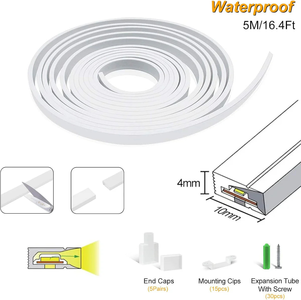S0410 Side Edge Lighting Neon Light Housing – 4x10mm | Silicone LED Channel System | 5mm PCB Width | IP67 Waterproof | 16.4FT/5M | Local Stock US/UK/DE