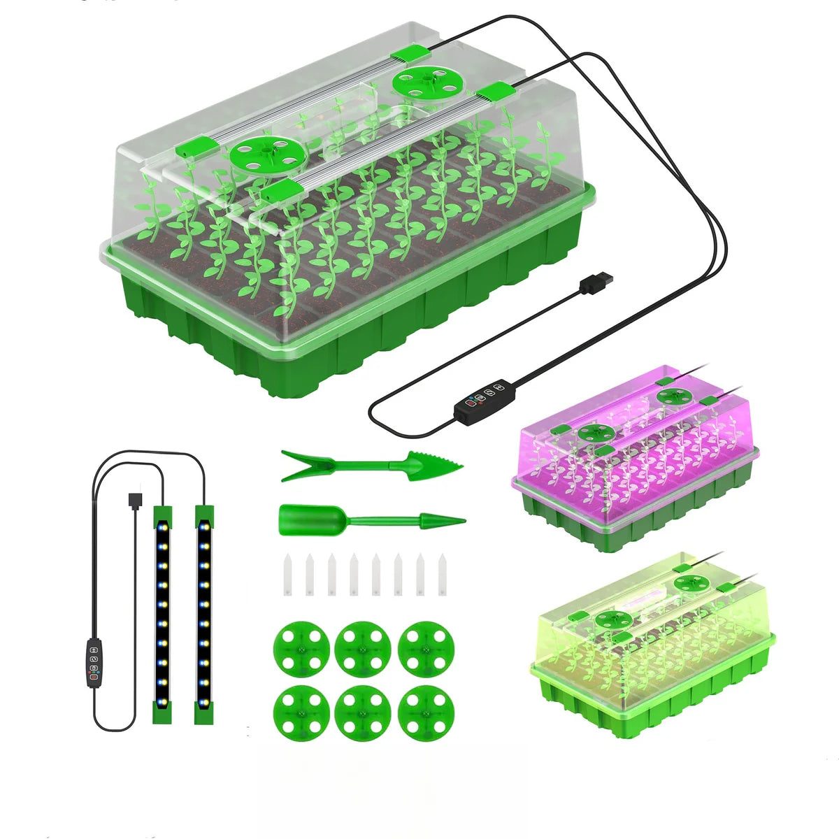 Seed Starter Tray with LED Grow Lights - 40-Cell | Full Spectrum LEDs | White & Blue Light / Red & Blue Light | Adjustable Brightness and Timer | USB Plug | for Indoor Plant Growing | 1 / 2 Pack