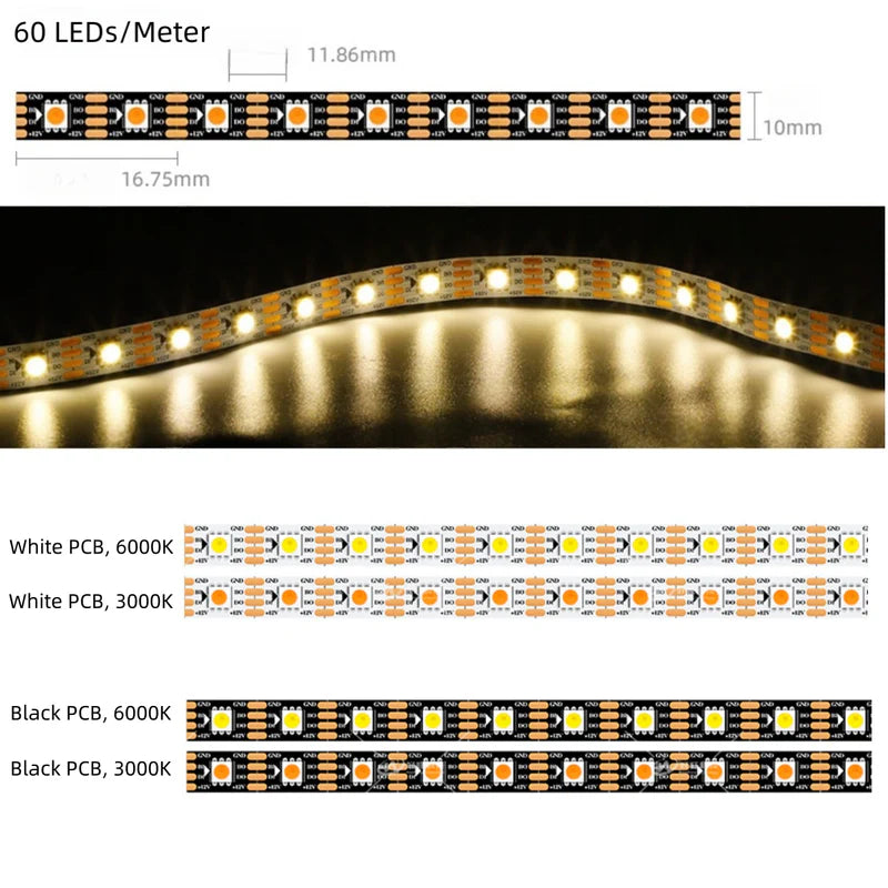 LightingWill WS2815 Single Color IC LED Strip Light DC12V Cool White 6000K 10mm PCB SMD5050 Individually Addressable Breakpoint Resume 30 60 74 96 LEDs/m IP00 IP65 IP67 LED Strip for Decoration DIY Lighting 5M 50M