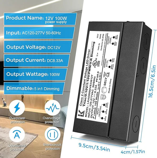 100W 12V DC Steel Case Triac Dimmable LED Driver, UL Listed, AC 120-277V Input, LED Driver for LED Strip Lighting / Under Cabinet Lighting / Home Ambient Lighting