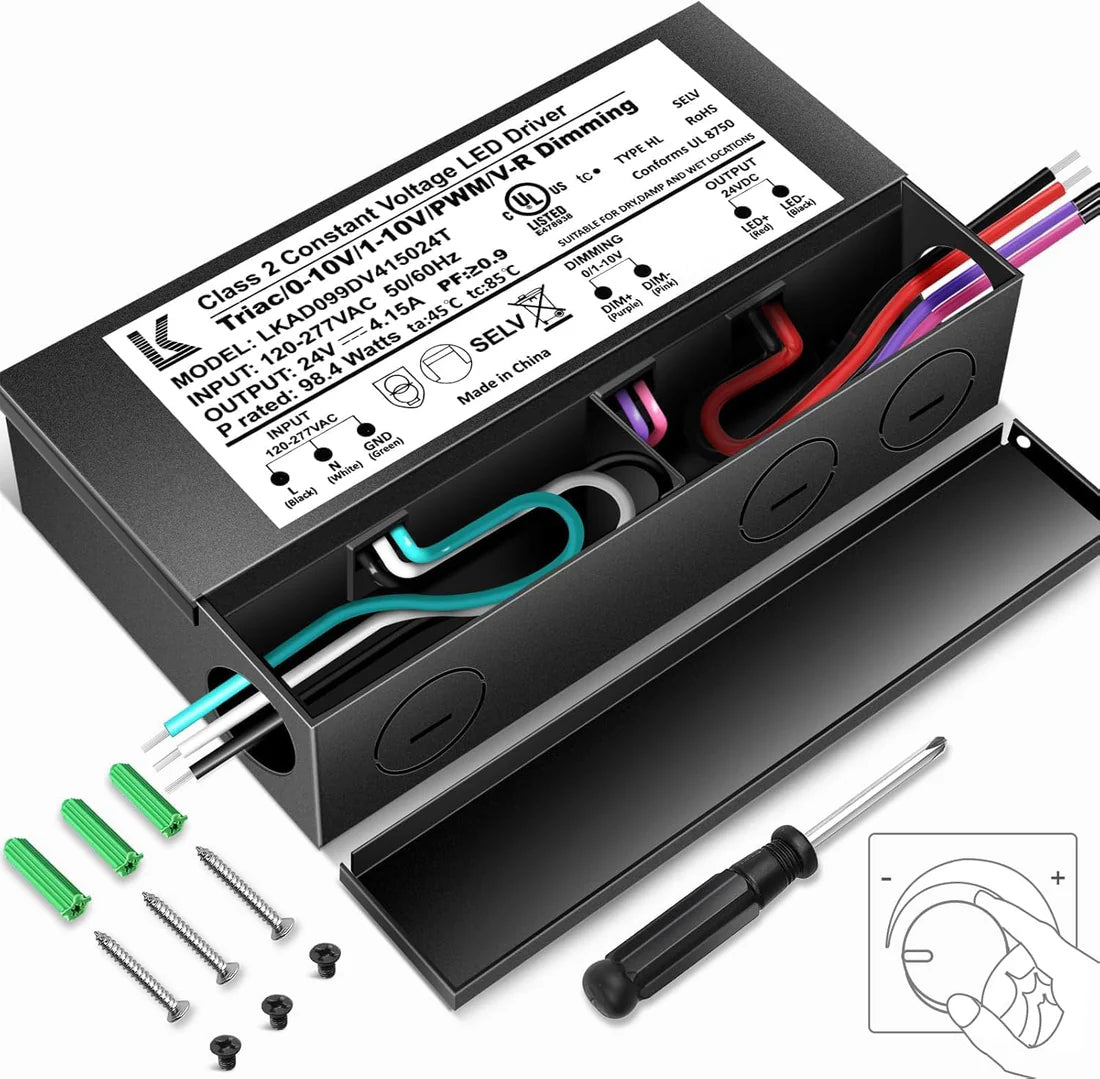 100W 24V DC Steel Case Triac Dimmable LED Driver, UL Listed, AC 120-277V Input, LED Driver for LED Strip Lighting / Under Cabinet Lighting / Home Ambient Lighting