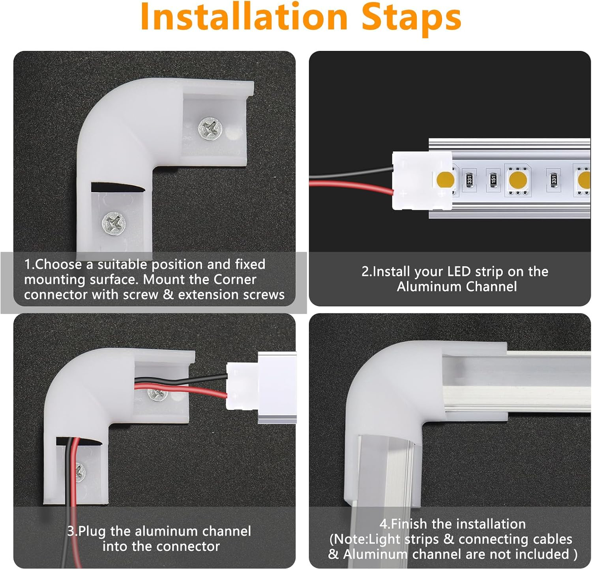 6-Pack 90° Corner Connectors for V-Shape LED Aluminum Channels with Screws