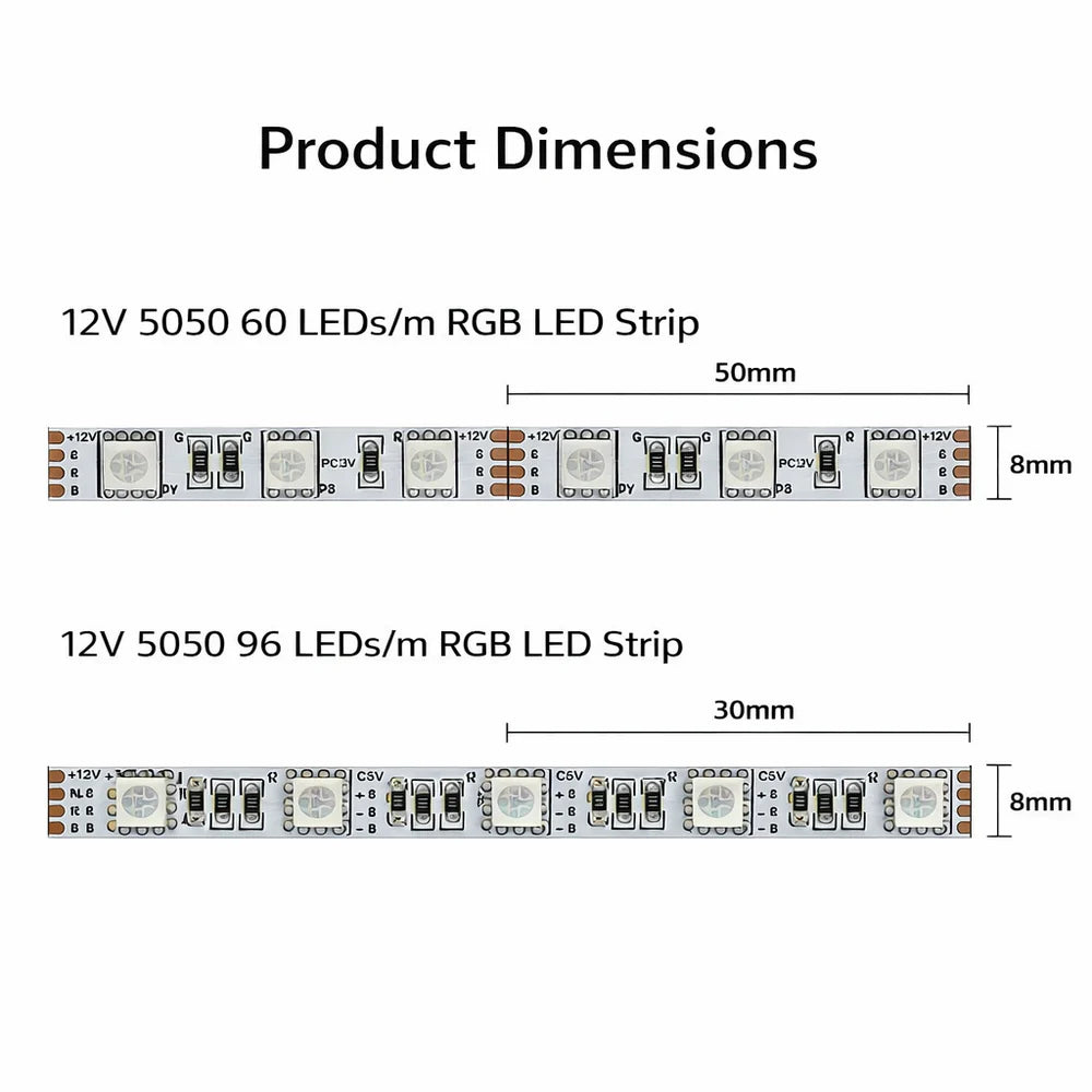 LightingWill 8MM Wide SMD5050 RGB LED Strip Light - DC12V | 60 LEDs/M | 8mm PCB | Non-Waterproof | 5/50M | for Mirror, Kitchen Cabinet, Bedroom