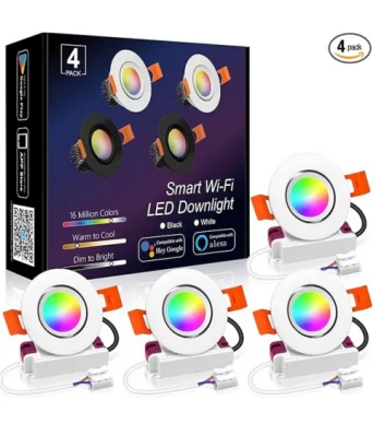 Smart RGB Downlight – COB WiFi Recessed Lighting 2 Inch 5W Dimmable RGB + CCT 2700–6500K Works Alexa & Google 100–240V Housing 4 6 10 12 Pack Options