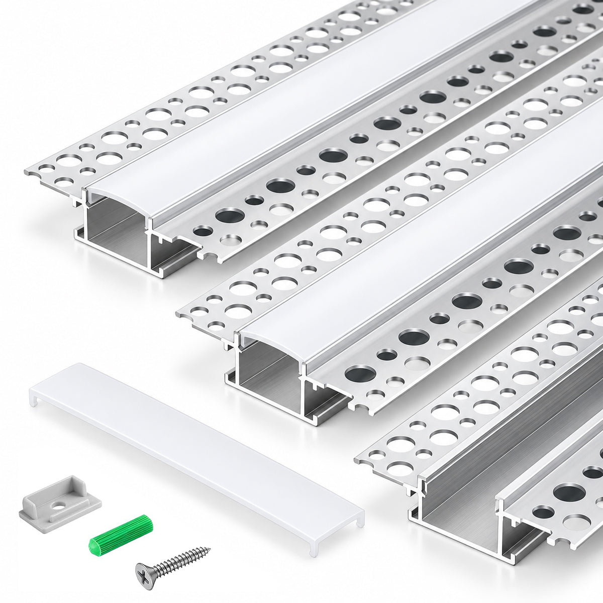 Silver TX-090 Double-Sided LED Aluminum Channel for Plaster-In Drywall, Fits LED Strips Up to 20mm Wide, with Milky White Diffuser