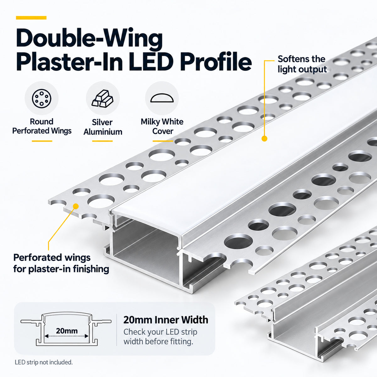 Silver TX-090 Double-Sided LED Aluminum Channel for Plaster-In Drywall, Fits LED Strips Up to 20mm Wide, with Milky White Diffuser