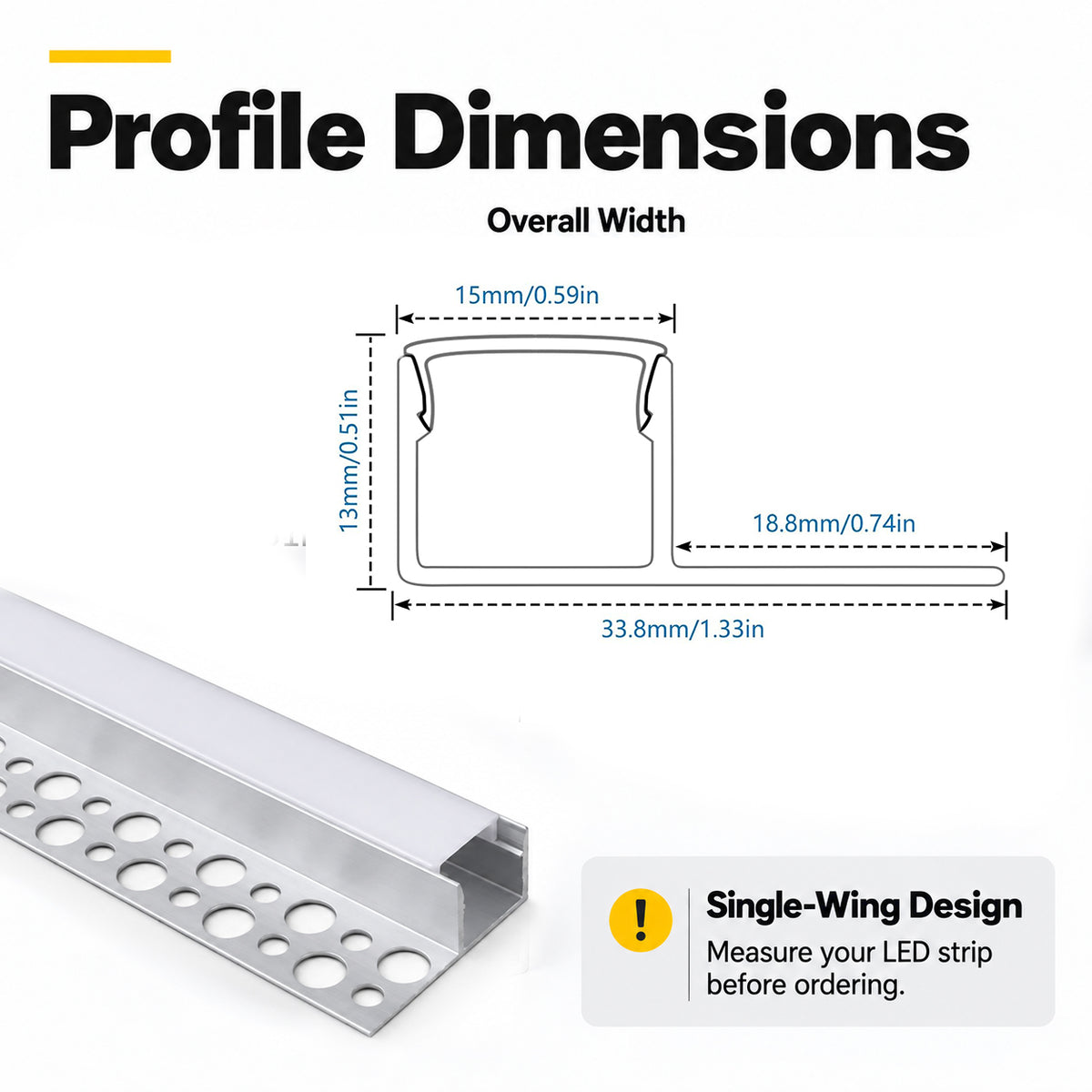 Silver TX-290 One-Sided LED Aluminum Channel for Plaster-In Drywall, Fits LED Strips Up to 12mm Wide, with Milky White Diffuser