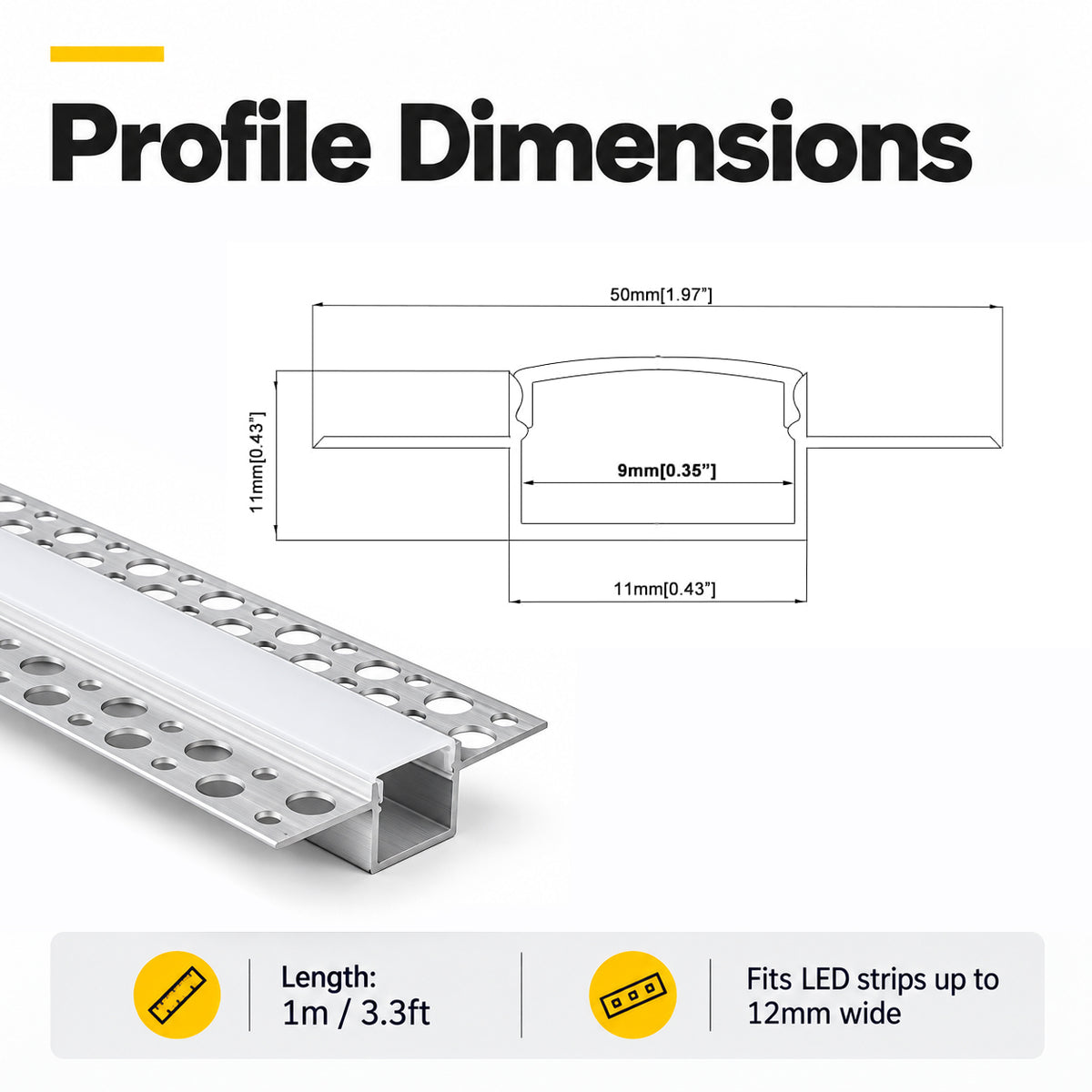 Silver TX-292 Double-Sided LED Aluminum Channel for Plaster-In Drywall, Fits LED Strips Up to 9mm Wide, with Milky White Diffuser