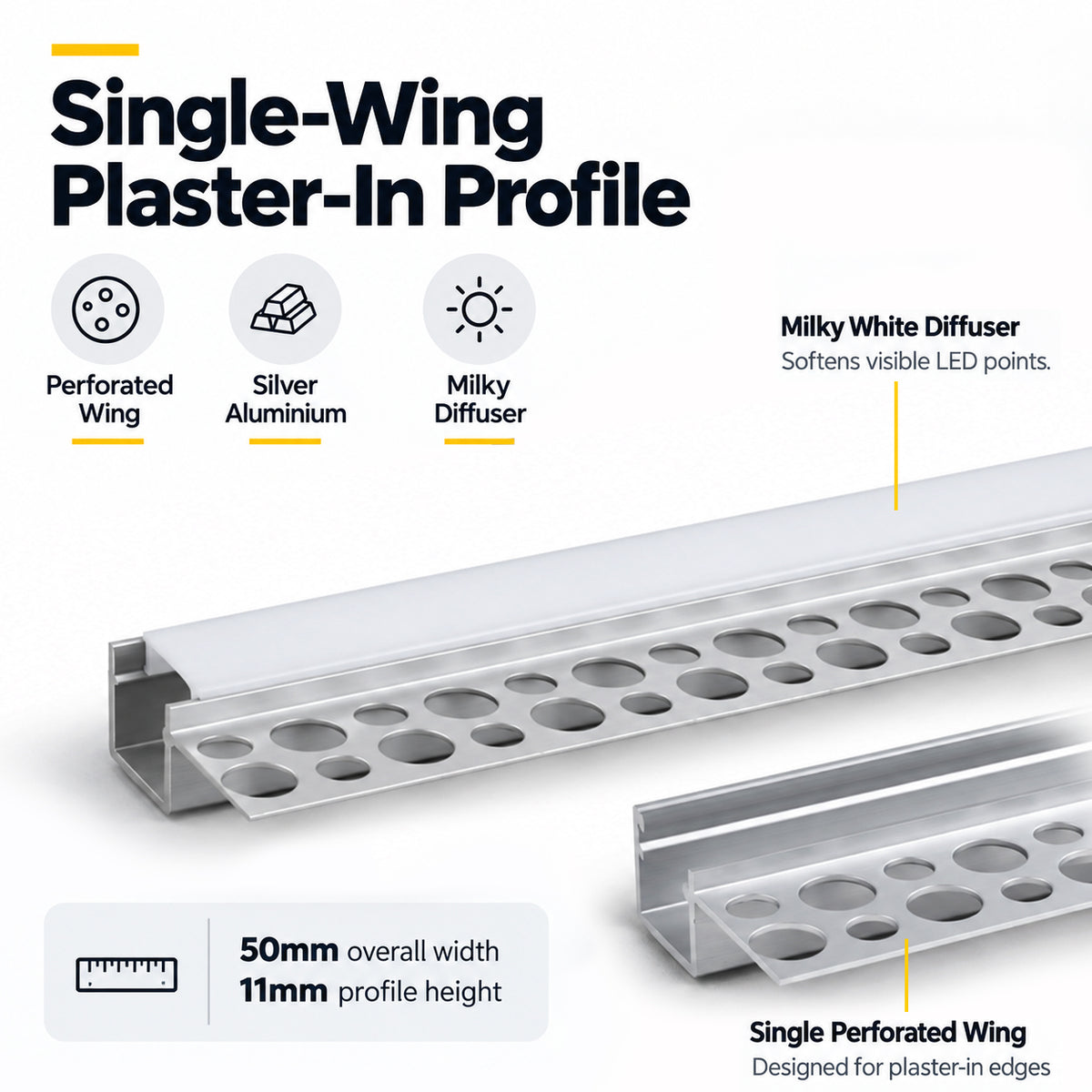 Silver TX-295 One-Sided LED Aluminum Channel for Plaster-In Drywall, Fits LED Strips Up to 9mm Wide, with Milky White Diffuser