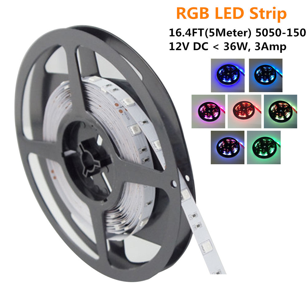 DC12V <36W, 3Amp 5Meter (16.4Feet) SMD5050 150LED RGB Multi-Color Changing Flexible LED Strips 30LEDs 7.2W Per Meter, 10mm Wide White PCB