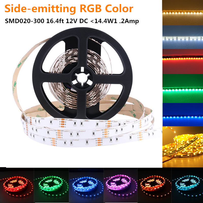 Side Emitting RGB Color Changing LED Strip Lights SMD020 16.4Ft(5M) 300LEDs 60LEDs/M DC12V 14.4W 2.88W/M 10mm White PCB Flexible Ribbon LED Tape with Adhesive Tape